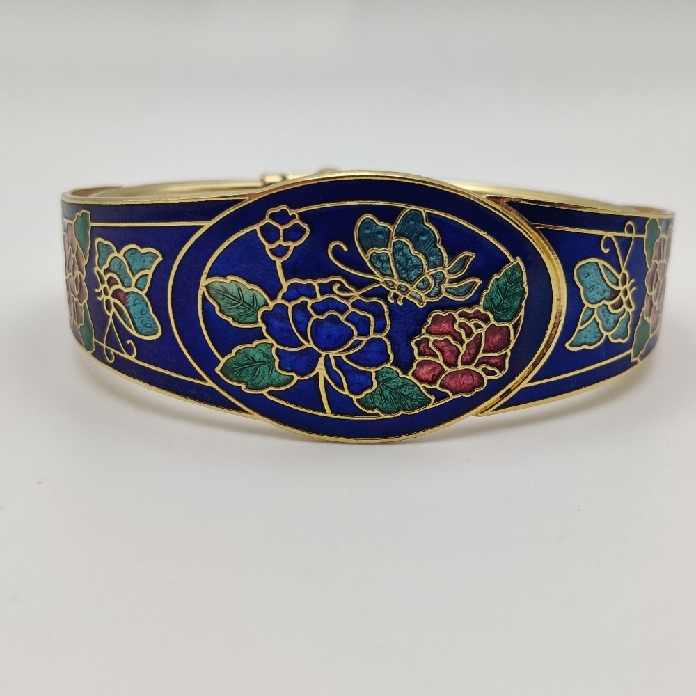 Cloisonne Butterfly Flower Clamper Bracelet in Gold-tone